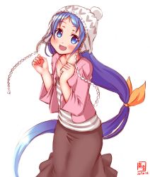 Rule 34 | 1girl, :d, alternate costume, blue eyes, blue hair, casual, collarbone, commentary request, dated, hair ribbon, headwear request, highres, kanon (kurogane knights), kantai collection, long hair, looking at viewer, low-tied long hair, open mouth, ribbon, samidare (kancolle), shirt, simple background, sketch, smile, solo, striped clothes, striped shirt, very long hair, white background