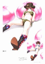 Rule 34 | 00s, 1girl, absurdres, american flag, arms up, artbook, bikini, boin, boin lecture, boots, bra, breast suppress, breasts, camouflage, camouflage bikini, cowboy hat, english text, flag print, green eyes, hands on breasts, hands on own chest, hands up, happoubi jin, happy, hat, highres, huge breasts, iihara nao, japanese text, kanji, large breasts, lingerie, long hair, looking at viewer, lying, navel, o-ring, o-ring top, on back, page number, panties, pink hair, red hair, scan, side-tie bikini bottom, side-tie panties, smile, solo, spread legs, swimsuit, translation request, underboob, underwear