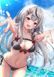 Rule 34 | 1girl, :d, absurdres, bikini, black hair, blue sky, bow, braid, breasts, cleavage, cloud, collarbone, day, fang, floating hair, glint, gluteal fold, grey hair, hair ornament, hairclip, heart, highres, hololive, incoming hug, kaigan, large breasts, layered bikini, leaning forward, long hair, multicolored hair, nail polish, navel, open mouth, outdoors, outstretched arms, plaid, plaid bow, red bikini, red eyes, red nails, sakamata chloe, side-tie bikini bottom, sky, smile, solo, stomach, streaked hair, sunlight, swimsuit, thighs, virtual youtuber, water, water drop, wet, x hair ornament
