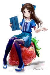 Rule 34 | 1girl, artist name, black thighhighs, blue dress, blue ribbon, blush, breasts, brown eyes, brown hair, closed mouth, collarbone, dot nose, dress, food, fruit, full body, hair ribbon, high heels, highres, holding, holding notebook, idolmaster, idolmaster cinderella girls, idolmaster cinderella girls starlight stage, idolmaster cinderella girls u149, long hair, looking at viewer, notebook, ribbon, short sleeves, signature, simple background, sitting on food, small breasts, smile, solo, strawberry, tachibana arisu, thighhighs, white background, xxxhanaremexxx, zettai ryouiki