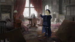 Rule 34 | 1girl, animal ear fluff, animal ears, arrow (projectile), axe, beret, black cloak, black footwear, black hat, black skirt, black thighhighs, blonde hair, blue jacket, book, book stack, bow (weapon), brown eyes, cloak, commentary request, curtains, fireplace, hand up, hat, high heels, holding, holding stuffed toy, hood, hood down, hooded cloak, indoors, jacket, long sleeves, original, pleated skirt, shoes, skirt, solo, standing, stuffed animal, stuffed rabbit, stuffed toy, table, thighhighs, wasabi60, weapon, window