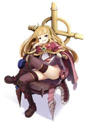 Rule 34 | 10s, 1girl, blonde hair, boots, bow, bracer, cagliostro (granblue fantasy), cape, clothes lift, granblue fantasy, grin, head rest, headgear, highres, knee boots, crossed legs, momo (higanbana and girl), panties, pink eyes, sitting, skirt, skirt lift, smile, solo, thighhighs, throne, underwear