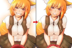 Rule 34 | 1girl, animal ears, arrow (symbol), bad id, bad pixiv id, bare arms, before and after, belt, belt buckle, black belt, black ribbon, black skirt, black vest, blonde hair, blush, breasts, breasts squeezed together, buckle, collared shirt, cookie (touhou), cum, cum in container, cum in cup, cum on body, cum on breasts, cum on clothes, cum on upper body, cup, eyebrows, facial, facing viewer, fox ears, frown, grin, hair between eyes, highres, holding, holding cup, large breasts, looking at viewer, miniskirt, miramikaru riran, multiple views, open clothes, open vest, red eyes, ribbon, ringed eyes, sakazuki, shirt, short hair, short sleeves, skirt, smile, sweat, teeth, touhou, vest, white shirt, zairisha123