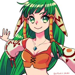 Rule 34 | 1girl, ariazi, breasts, closed mouth, dated, feena (grandia), grandia, grandia i, green eyes, green hair, hair tubes, jewelry, long hair, looking at viewer, midriff, necklace, simple background, smile, solo, white background