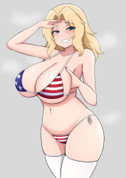 Rule 34 | 1girl, alternate breast size, american flag, american flag bikini, american flag print, bikini, blonde hair, blue eyes, breasts, cowboy shot, curvy, flag print, girls und panzer, grey background, grin, highres, huge breasts, kay (girls und panzer), long hair, looking at viewer, navel, print bikini, salute, side-tie bikini bottom, simple background, skindentation, sleeptopi, smile, solo, stomach, striped bikini, striped clothes, swimsuit, teeth, thighhighs, thighs, white thighhighs, wide hips