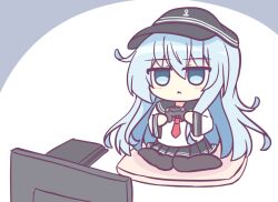 Rule 34 | 1girl, anchor symbol, black sailor collar, blue eyes, blue hair, blush, chibi, controller, expressionless, flat cap, game console, game controller, hair between eyes, hat, hibiki (kancolle), holding, holding controller, holding game controller, kantai collection, kashimu, long hair, long sleeves, neckerchief, playstation 4, pleated skirt, red neckerchief, sailor collar, school uniform, sitting, skirt, solo, television, thighhighs