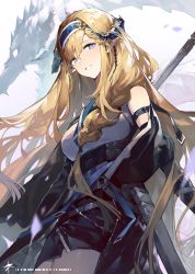 Rule 34 | 1girl, arknights, bare shoulders, black gloves, black skirt, blonde hair, blue eyes, blue hairband, braid, breasts, cowboy shot, dadijiji, dragon, dragon horns, elbow gloves, from below, gloves, hairband, highres, horns, long hair, looking at viewer, looking back, looking down, medium breasts, off shoulder, open clothes, parted lips, pointy ears, saileach (arknights), skirt, smile, solo, twin braids, underbust, very long hair