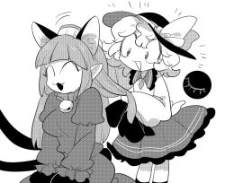 Rule 34 | 2girls, :3, animal ears, bell, breasts, brushing another&#039;s hair, cat ears, cat girl, cat tail, dress, fang, female focus, furukawa (yomawari), greyscale, brushing hair, hair down, hat, kaenbyou rin, komeiji koishi, long sleeves, monochrome, multiple girls, multiple tails, no nose, open mouth, simple background, skirt, sleeves past wrists, tail, third eye, touhou, two tails, white background