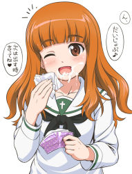 Rule 34 | 10s, 1girl, ;d, after fellatio, black neckerchief, blunt bangs, blush, brown eyes, cum, cum in mouth, girls und panzer, long hair, long sleeves, looking at viewer, neckerchief, one eye closed, ooarai school uniform, open mouth, orange hair, school uniform, serafuku, simple background, smile, solo, suggestive fluid, takebe saori, tissue, translated, white background, youkan