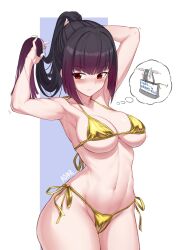 Rule 34 | 1girl, alice gear aegis, aomoro, armpits, arms up, bikini, black hair, blunt bangs, blunt ends, blush, breasts, closed mouth, collarbone, cowboy shot, eyelashes, female pubic hair, gold bikini, gradient hair, hasami rika, highres, large breasts, looking to the side, micro bikini, multicolored hair, navel, ponytail, pubic hair, purple hair, red eyes, revision, shadow, side-tie bikini bottom, sidelocks, signature, skindentation, solo, swimsuit, thighs, thought bubble, tying hair