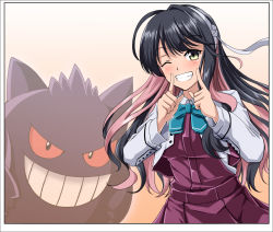 Rule 34 | 1girl, black hair, bow, bowtie, breasts, creatures (company), cropped jacket, crossover, dress, fang, game freak, gen 1 pokemon, gengar, gradient background, grey thighhighs, hair ribbon, hairband, halterneck, highres, jacket, kantai collection, large breasts, long hair, long sleeves, multicolored hair, naganami (kancolle), nintendo, one eye closed, pink hair, pokemon, pokemon (creature), remodel (kantai collection), ribbon, shirt, sleeveless, sleeveless dress, smile, thighhighs, two-tone hair, wavy hair, white jacket, white shirt, yellow eyes, zanntetu