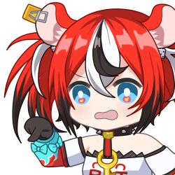 Rule 34 | 1girl, animal ears, bare shoulders, black collar, black gloves, blue bow, blue eyes, bow, collar, dice, gloves, hakos baelz, hololive, hololive english, jewelry, key, key necklace, mouse ears, mousetrap, multicolored hair, necklace, open mouth, pointing, red hair, shirt, sleeve bow, solo, spiked collar, spikes, streaked hair, upper body, virtual youtuber, white shirt, zephylyne