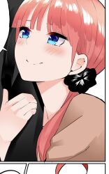 Rule 34 | 1girl, 1other, alternate hairstyle, arm hug, black scrunchie, blue eyes, blunt bangs, blush, close-up, closed mouth, commentary request, eyebrows hidden by hair, eyelashes, go-toubun no hanayome, hair ornament, hair scrunchie, happy, highres, long hair, looking at another, looking up, low twintails, mame1645, nakano nino, pink hair, scrunchie, smile, solo focus, twintails