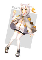 Rule 34 | 1girl, absurdres, animal ears, blush, cloak, creatures (company), full body, game freak, gen 7 pokemon, grey background, grey cloak, grey footwear, hair ornament, hairclip, hand up, highres, holding, hood, hood down, hooded cloak, jacket, long sleeves, looking at viewer, moti yousei, multicolored hair, nail polish, nintendo, orange hair, parted lips, personification, pokedex number, pokemon, puffy long sleeves, puffy sleeves, shoes, sleeves past wrists, solo, thighhighs, togedemaru, two-tone background, two-tone hair, white background, white hair, white jacket, white thighhighs, yellow eyes, yellow nails