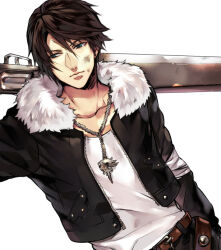Rule 34 | 1boy, arm up, bandaged arm, bandages, belt, black jacket, black pants, blue eyes, brown hair, chain, chain necklace, commentary, cropped jacket, dirty, dirty face, dutch angle, earrings, expressionless, final fantasy, final fantasy viii, fur-trimmed jacket, fur trim, gunblade, holding, holding sword, holding weapon, jacket, jewelry, leather belt, male focus, multiple belts, necklace, open clothes, open jacket, over shoulder, pants, scar, scar on face, scar on forehead, shirt, solo, squall leonhart, stud earrings, studded belt, sword, tama (tmfy5), upper body, weapon, weapon over shoulder, white fur, white shirt