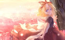 Rule 34 | 1girl, blonde hair, blouse, blue eyes, blurry, depth of field, dqn (dqnww), flower, hair ribbon, light particles, looking at viewer, looking back, medicine melancholy, open hand, outdoors, outstretched arm, puffy short sleeves, puffy sleeves, ribbon, shirt, short hair, short sleeves, skirt, smile, solo, touhou, tree