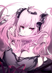 Rule 34 | 1girl, breasts, cleavage, hair ribbon, highres, holding, holding own hair, hololive, hololive english, large breasts, long hair, looking at viewer, mori calliope, mori calliope (sleepwear), parted lips, pink hair, purple eyes, ribbon, simple background, solo, twintails, upper body, virtual youtuber, white background, yaguo