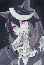 Rule 34 | 1girl, animal ears, black background, covered mouth, dirty, dirty clothes, dirty face, epaulettes, gloves, hair between eyes, hand up, horse ears, long hair, long sleeves, mauve, multicolored hair, purple eyes, single epaulette, solo, spot color, streaked hair, sweat, symboli rudolf (umamusume), two-tone hair, umamusume, upper body