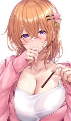 Rule 34 | 1girl, alternate breast size, blush, breasts, collarbone, commentary, food, gochuumon wa usagi desu ka?, hair between eyes, hair ornament, hairclip, hand to own mouth, highres, holding, holding food, holding pocky, hoto cocoa, ks (xephyrks), large breasts, long sleeves, looking at viewer, orange hair, pocky, purple eyes, simple background, sleeves past wrists, solo, upper body, white background