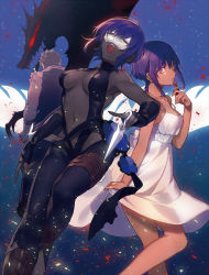 Rule 34 | 1boy, 2girls, bare shoulders, black gloves, black hair, black legwear, black leotard, black skin, breasts, center opening, cleavage, clothes lift, collarbone, colored skin, cosmetics, dagger, dark-skinned female, dark skin, dress, dress lift, dual persona, fate/prototype, fate/prototype: fragments of blue and silver, fate (series), fingerless gloves, gloves, hassan of serenity (fate), highres, jacket, kitano tatsumi, knife, kunai, leotard, light particles, lipstick, lipstick tube, looking at viewer, makeup, mask, medium breasts, multiple girls, nakahara (mu tation), navel, official art, open mouth, pantyhose, purple eyes, purple hair, revealing clothes, see-through silhouette, short hair, skull mask, sundress, thigh strap, toeless legwear, weapon, white dress