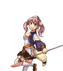 Rule 34 | 10s, 1girl, :d, atelier (series), atelier escha &amp; logy, bittsu (v1tz), black skirt, braid, breasts, cleavage, cropped jacket, escha malier, female focus, green eyes, hat, large breasts, open mouth, pink hair, pom pom (clothes), short hair, simple background, skirt, smile, solo, tail, thighhighs, twintails, wand, white background, white thighhighs