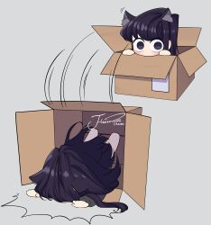 Rule 34 | 1girl, absurdres, animal ear fluff, animal ears, artist name, barefoot, blush, box, cardboard box, cat ears, chibi, commentary, face down, faceplant, falling, grey background, hands up, highres, in box, in container, j humbo, komi-san wa komyushou desu, komi shouko, long hair, looking at viewer, motion lines, no nose, peeking out, purple eyes, purple hair, signature, simple background, solo, swept bangs, very long hair