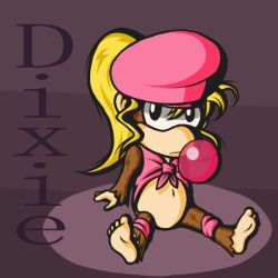 Rule 34 | 1girl, ape, barefoot, blonde hair, chewing gum, clothes, dixie kong, donkey kong (series), feet, hat, long hair, navel, nintendo, sitting, soles, solo, text focus, toes