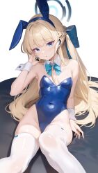 Rule 34 | 1girl, animal ears, blonde hair, blue archive, blue eyes, blue leotard, bow, bowtie, braid, breasts, commentary, detached collar, earpiece, fake animal ears, halo, highres, leotard, long hair, looking at viewer, medium breasts, multicolored hair, ni mochi, official alternate costume, parted lips, playboy bunny, rabbit ears, solo, strapless, strapless leotard, streaked hair, thighhighs, toki (blue archive), toki (bunny) (blue archive), very long hair, white thighhighs, wrist cuffs