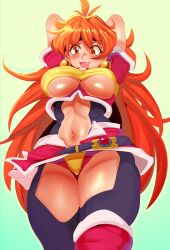 Rule 34 | 1girl, absurdres, alternate breast size, arms behind head, breasts, highres, large breasts, legs, lina inverse, long hair, naughty face, navel, orange eyes, orange hair, slayers, smile, solo, thick thighs, thighs, underboob