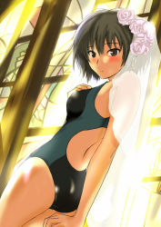 Rule 34 | 1girl, amagami, ass, back, black eyes, black hair, blush, bridal veil, church, competition swimsuit, flower, hand on own chest, looking at viewer, murasaki iro, nanasaki ai, one-piece swimsuit, short hair, solo, stained glass, swimsuit, veil
