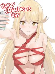 Rule 34 | 1girl, bare shoulders, blonde hair, blush, breasts, closed mouth, holding, holding phone, j@ck, large breasts, long hair, looking at viewer, mythra (xenoblade), naked ribbon, nintendo, phone, red ribbon, ribbon, selfie, simple background, solo, swept bangs, valentine, very long hair, white background, xenoblade chronicles (series), xenoblade chronicles 2, yellow eyes