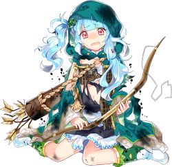 Rule 34 | 1girl, arrow (projectile), blue hair, boots, bow, bow (weapon), broken, broken weapon, full body, holding, holding bow (weapon), holding weapon, mole, mole under mouth, official art, open mouth, oshiro project:re, oshiro project:re, quiver, red eyes, ririkuto, sasahara (oshiro project), short hair, sitting, solo, spread legs, tearing up, torn clothes, transparent background, twintails, wavy hair, wavy mouth, weapon