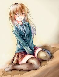 Rule 34 | 1girl, between legs, black thighhighs, blue jacket, blue necktie, blush, breasts, breath, brown background, brown eyes, brown hair, clenched teeth, crying, dutch angle, embarrassed, female focus, full body, hair between eyes, half-closed eyes, hand between legs, highres, jacket, long hair, long sleeves, looking at viewer, miniskirt, necktie, original, own hands together, pee, peeing, peeing self, plaid, plaid skirt, pleated skirt, puddle, red skirt, school uniform, shirt, simple background, sitting, skirt, small breasts, solo, tears, teeth, thighhighs, v arms, wariza, watakarashi, wet, wet clothes, white shirt