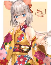 Rule 34 | 1girl, 2020, animal ears, bare shoulders, blue eyes, breasts, collarbone, commentary request, detached sleeves, floral print, hand up, highres, japanese clothes, kimono, kinokorec, large breasts, long hair, long sleeves, looking at viewer, low ponytail, mouse ears, obi, original, sash, sideboob, silver hair, smile, solo, two-tone background, upper body, wide sleeves, yellow kimono