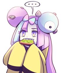 Rule 34 | ..., 1girl, archived source, avocado, character hair ornament, creatures (company), drawfag, food, food in mouth, game freak, hair ornament, highres, iono (pokemon), long sleeves, multicolored hair, nintendo, pink hair, pokemon, pokemon sv, purple eyes, sharp teeth, sleeves past fingers, sleeves past wrists, solo, spoken ellipsis, teeth, transparent background, two-tone hair, upper body, wide sleeves