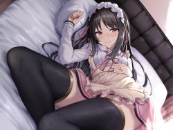 Rule 34 | 1girl, aoi tiduru, apron, black hair, black thighhighs, clenched hand, closed mouth, collarbone, frilled apron, frills, half-closed eyes, indoors, jewelry, long hair, long sleeves, looking at viewer, lying, maid, maid headdress, on bed, original, pillow, pink eyes, pink skirt, ring, skirt, smile, solo, thighhighs, very long hair