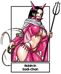 Rule 34 | 1girl, ass, black hair, breasts, chaps, cleavage, cosplay, groin, horns, iury padilha, large breasts, nico robin, one piece, pink outfit, polearm, sadi-chan, sadi-chan (cosplay), smile, thighs, trident, weapon, whip, wide hips