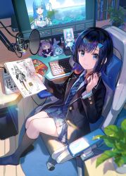 Rule 34 | 1girl, black hair, black jacket, black skirt, blazer, blue eyes, blue hair, blue necktie, blush, chair, collared shirt, commentary request, computer, drawing (object), fuzichoco, gummy bear, hair ornament, hairclip, hand on headphones, headphones, highres, holding, holding drawing, indoors, jacket, keyboard (computer), long sleeves, looking at viewer, microphone, mixing console, monitor, neckerchief, necktie, office chair, on chair, original, plant, pleated skirt, pop filter, potted plant, school uniform, shirt, short hair, sitting, skirt, smile, socks, solo, swivel chair