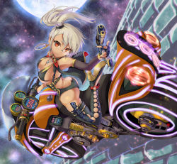 Rule 34 | 1girl, armadillo-tokage, breasts, butt crack, cape, cleavage, dark-skinned female, dark skin, detached collar, earrings, elbow gloves, fingerless gloves, gloves, grey hair, gun, high heels, highres, holding, holding gun, holding weapon, jewelry, knife, large breasts, looking at viewer, million arthur (series), monocle, motor vehicle, motorcycle, red eyes, sheath, sheathed, side ponytail, solo, thighhighs, vehicle, weapon
