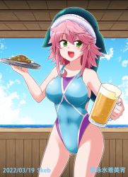 Rule 34 | 1girl, alcohol, animal hat, animal print, beer, blue hat, breasts, competition swimsuit, covered navel, fish print, green eyes, groin, hat, kousei (public planet), large breasts, okunoda miyoi, one-piece swimsuit, pink hair, solo, swimsuit, touhou, whale hat, whale print