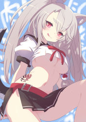 Rule 34 | 1girl, animal ears, azur lane, belt, black sailor collar, black skirt, blue background, blush, braid, breasts, commentary request, cowboy shot, crop top, crop top overhang, dated, hair between eyes, krono tokage, large breasts, licking lips, long hair, looking at viewer, miniskirt, multicolored nails, nail art, nail polish, navel, outdoors, pleated skirt, puffy short sleeves, puffy sleeves, red belt, red eyes, red nails, red ribbon, ribbon, sailor collar, school uniform, serafuku, short eyebrows, short sleeves, side braid, side slit, sidelocks, signature, silver hair, skirt, slit pupils, smile, solo, stomach, stomach tattoo, tail, tattoo, thick eyebrows, tongue, tongue out, two side up, underboob, wolf ears, wolf girl, wolf tail, yuudachi (azur lane)