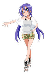 Rule 34 | 00s, 1girl, alternate costume, alternate hairstyle, bare shoulders, bespectacled, blue eyes, casual, collarbone, glasses, hand on own hip, hiiragi kagami, hip focus, legs, long hair, long legs, low twintails, lowres, lucky star, pleated skirt, purple hair, sandals, see-through, simple background, skirt, smile, solo, takeya yuuki, toes, tsurime, twintails