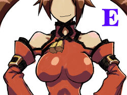 Rule 34 | 1girl, bare shoulders, breasts, brown hair, china dress, chinese clothes, closed mouth, detached sleeves, dress, guilty gear, guilty gear xrd, kuradoberi jam, large breasts, long hair, smile, solo, tamotu kun, tight clothes