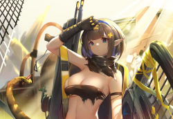 Rule 34 | 1girl, absurdres, arknights, arm strap, arm up, bandeau, bare shoulders, black gloves, black hair, blue eyes, breasts, cleavage, eunectes (arknights), gloves, hair ornament, hairband, highres, jiusan naitang, looking at viewer, machinery, medium breasts, midriff, pointy ears, scarf, screwdriver, short hair, snake tail, solo, stomach, strap, tail, torn clothes, upper body
