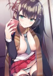 Rule 34 | 1girl, areola slip, arm at side, between breasts, black hair, black jacket, black thighhighs, blazer, blue necktie, blush, breasts, brown scarf, cellphone, closed mouth, covered erect nipples, cowboy shot, green eyes, hair ornament, hairclip, hand up, highres, holding, holding phone, jacket, kaniya shiku, lace, lace-trimmed panties, lace trim, large breasts, long hair, long sleeves, miniskirt, necktie, one side up, open clothes, open jacket, original, panties, partially unbuttoned, phone, pleated skirt, polka dot, polka dot panties, red skirt, scarf, shirt, sidelocks, skirt, smartphone, smile, solo, thighhighs, underwear, white panties, white shirt