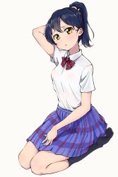 Rule 34 | 10s, 1girl, alternate hairstyle, black socks, blue hair, bow, full body, hand in own hair, hand on lap, highres, kneehighs, long hair, looking at viewer, love live!, love live! school idol project, meda, ponytail, school uniform, shirt, simple background, sitting, skirt, socks, solo, sonoda umi, wariza, white background, white shirt, yellow eyes