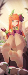 Rule 34 | 1girl, absurdres, animal ears, arm up, armpits, blouse, bottle, breasts, chinese commentary, commentary request, ear covers, elbow gloves, feet, foot focus, foreshortening, from below, full body, gloves, green eyes, hairband, hand up, highres, holding, holding bottle, horse ears, icecake, indoors, long hair, looking at viewer, medium breasts, no shoes, orange hair, pantyhose, parted lips, purple gloves, purple pantyhose, see-through, see-through legwear, shirt, shoes, unworn shoes, silence suzuka (umamusume), sitting, skirt, sleeveless, sleeveless shirt, soles, solo, toes, umamusume, white footwear, white hairband, white skirt, wrist cuffs