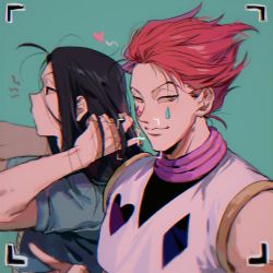 Rule 34 | 2boys, adjusting hair, annoyed, bare shoulders, black hair, closed mouth, crop top, crop top overhang, facial mark, from side, green background, hair slicked back, half-closed eyes, hand up, hands in hair, hands up, heart, hisoka morow, hunter x hunter, illumi zoldyck, long hair, looking at viewer, looking away, male focus, messy hair, multiple boys, profile, qin (7833198), red hair, short hair, short sleeves, side-by-side, simple background, sleeveless, smile, upper body, v, viewfinder, yellow eyes