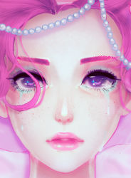Rule 34 | 1girl, close-up, eyelashes, forehead, freckles, gem, lips, long hair, looking at viewer, nose, original, parted bangs, pearl (gemstone), pink hair, pink lips, portrait, purple eyes, shari cote, solo