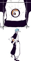 Rule 34 | 2boys, absurdres, arrancar, bleach, blue hair, brown eyes, choko egg, cropped jacket, full body, grimmjow jaegerjaquez, hands in pocket, highres, hole on body, kurosaki kazui, looking at another, looking back, male focus, multiple boys, orange hair, pants, short hair, standing, white background, white pants